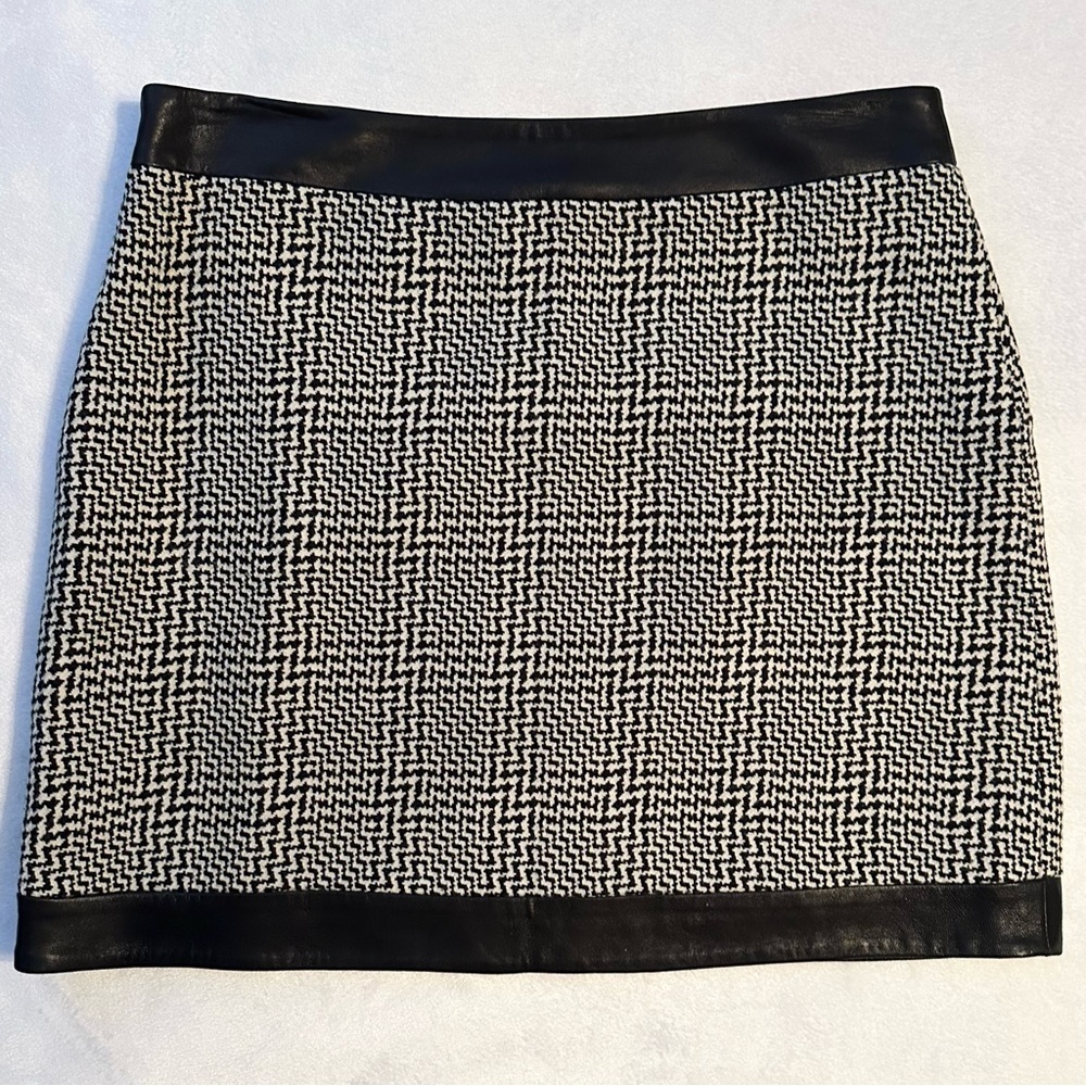 Rag & Bone Kensington Wool Mini Skirt Lamb Leather Trim 6 Black Ivory Knit